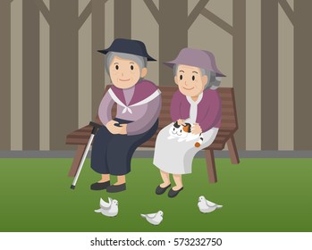 Illustration of an elderly women sitting on a bench at park.