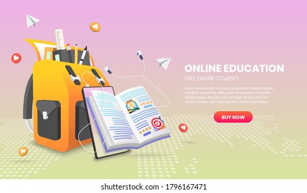 illustration of E-learning banner with bag, book, and mobile for Web courses or tutorials concept.3D vector Illustration.