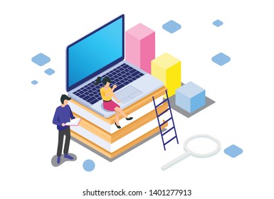 Illustration of E-Learning Technology achieves future success in Modern Isometric, Suitable for Diagrams, Infographics, Book Illustrations, Game Assets, and Assets Related to Other Graphs - Vector