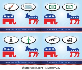 Illustration of election 2020 in America threatened by the covid-19 virus. An elephant and a donkey represent two different positions about different issues. 