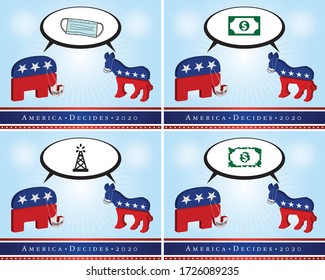 Illustration of election 2020 in America threatened by the covid-19 virus. An elephant and a donkey represent two different positions about different issues. 