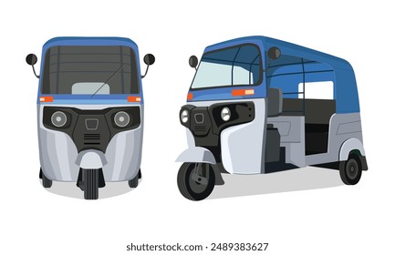 Illustration of electric auto rikshaw,  Auto Rickshaw vector art, auto rickshaw vector illustration, tuk tuk cab, Indian auto ricksha vector drawing, front side view, Tuk-Tuk India, baby taxi, 