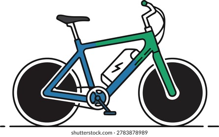Illustration of an electric bicycle featuring a gradient frame transitioning from green to blue, equipped with a battery pack. The bike has black tires and a simple design.