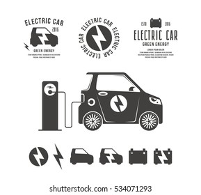 illustration of electric car. Icons and labels. Black print on white background
