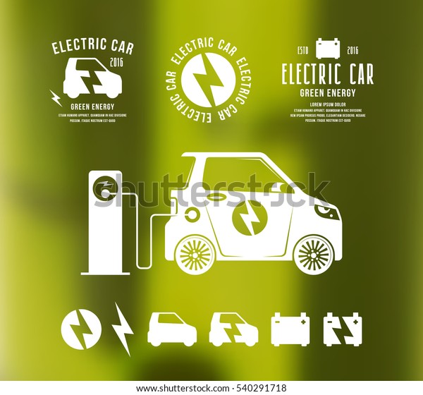illustration of electric car. Icons and\
labels. White print on blurred\
background