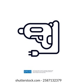 An illustration of an electric drill, featuring a power cord, representing tools used in construction and DIY projects.