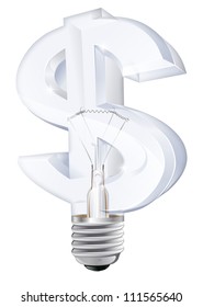 Illustration of an electric light bulb in the shape of a dollar sign. Concept for energy costs, energy efficient lightbulbs, money making ideas or other
