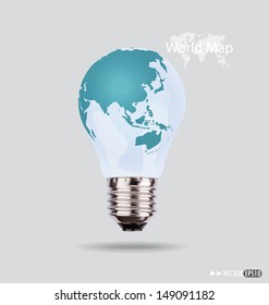 Illustration of an electric light bulb with a world map. Vector EPS10