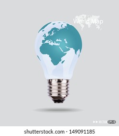 Illustration of an electric light bulb with a world map. Vector EPS10