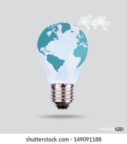 Illustration of an electric light bulb with a world map. Vector EPS10