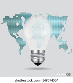 Illustration of an electric light bulb with a world map. Vector EPS10