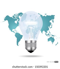 Illustration of an electric light bulb with a world map. Vector EPS10