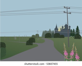 illustration with electric line near country road