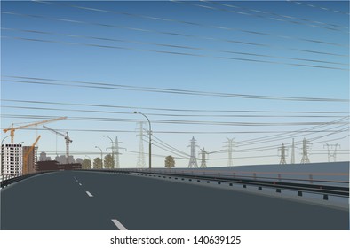 illustration with electric lines across empty street