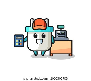 Illustration of electric plug character as a cashier