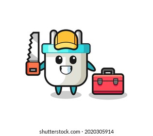 Illustration of electric plug character as a woodworker