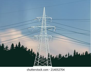 illustration with electric power pylon in forest