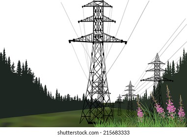 illustration with electric power pylon in forest