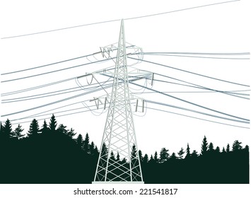 illustration with electric power pylon in forest