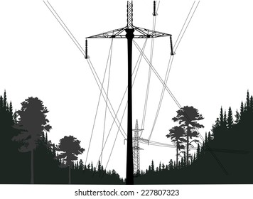 illustration with electric power pylon in forest