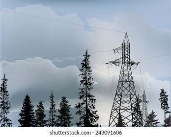 illustration with electric power pylon in forest