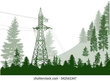 illustration with electric power pylon in forest