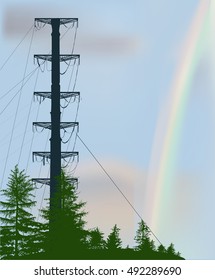 illustration with electric power pylon in forest