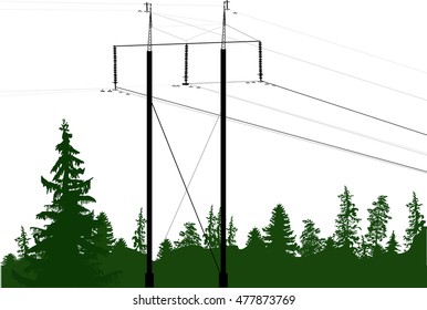 illustration with electric power pylon in green forest