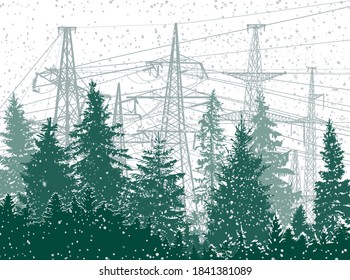 illustration with electric power pylon under snowfall