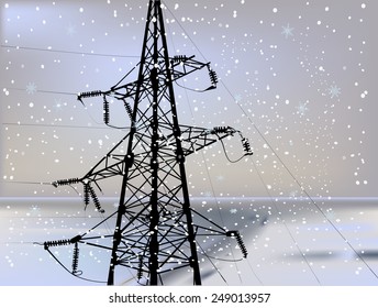 illustration with electric power pylon under flow fall