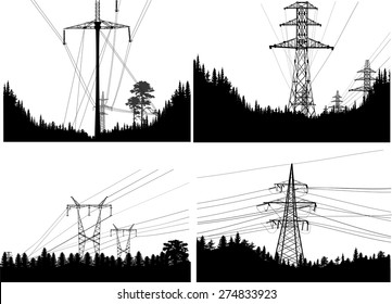 ilustración con pilones eléctricos en el bosque