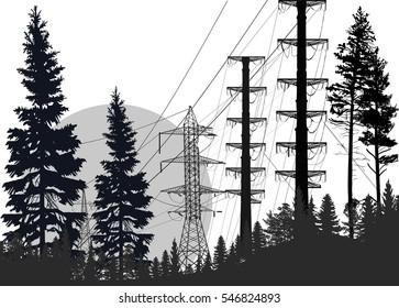 illustration with electric power pylons in forest