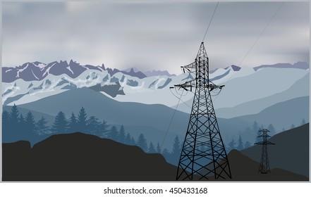 illustration with electric power pylons in mountains