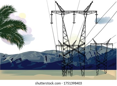 illustration with electric power pylons near mountaines