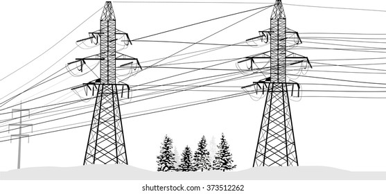 illustration with electric pylons in snow isolated on white background