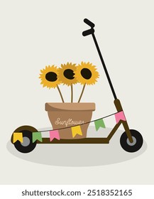 Illustration with Electric Scooter and Sunflowers Pot,Decoration