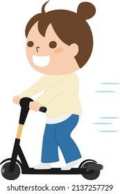 Illustration of an electric scooter. A woman running on an electric scooter.