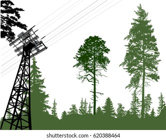 illustration with electric tower in forest isolated on white background