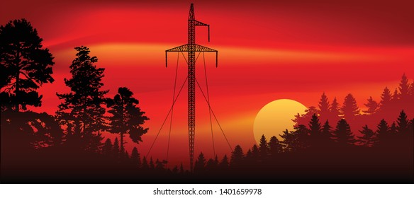 illustration with electric tower in forest at sunset