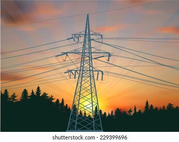 illustration with electric tower in forest at sunset