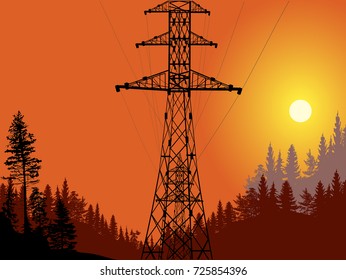 illustration with electric tower in forest at sunset