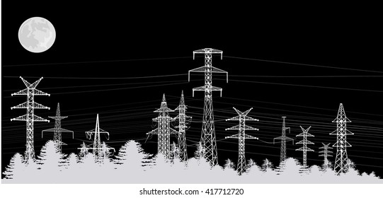 illustration with electric tower isolated on black background