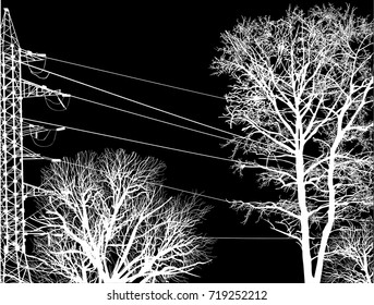 illustration with electric tower near trees isolated on black background