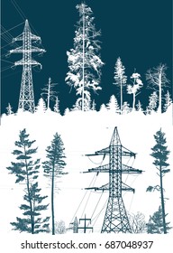 illustration with electric towers between pine trees