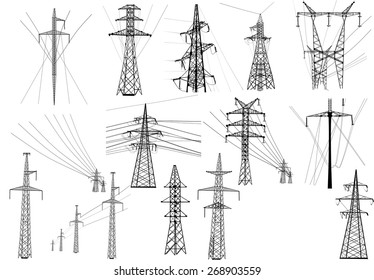 illustration with electric towers collection isolated on white background