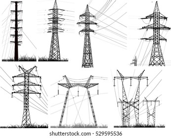 illustration with electric towers collection isolated on white background