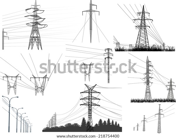 illustration with electric towers collection\
isolated on white\
background