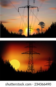 illustration with electric towers in forest at sunset