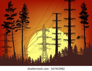 illustration with electric towers group in forest at sunset