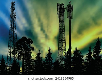 illustration with electric towers group at sunset